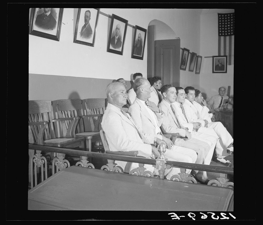 The jury during the trial of Nationalists. Note three empty chairs. Ponce, Puerto Rico. Sourced from the Library of Congress.
