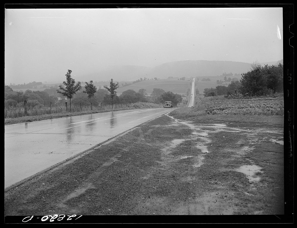 State highway number 45 near State College, Pennsylvania, in the rain. Sourced from the Library of Congress.