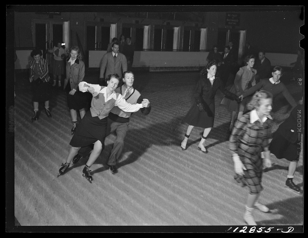 Chevy Chase Ice Palace, Washington. D.C. Couple doing fancy ice skating. Sourced from the Library of Congress.