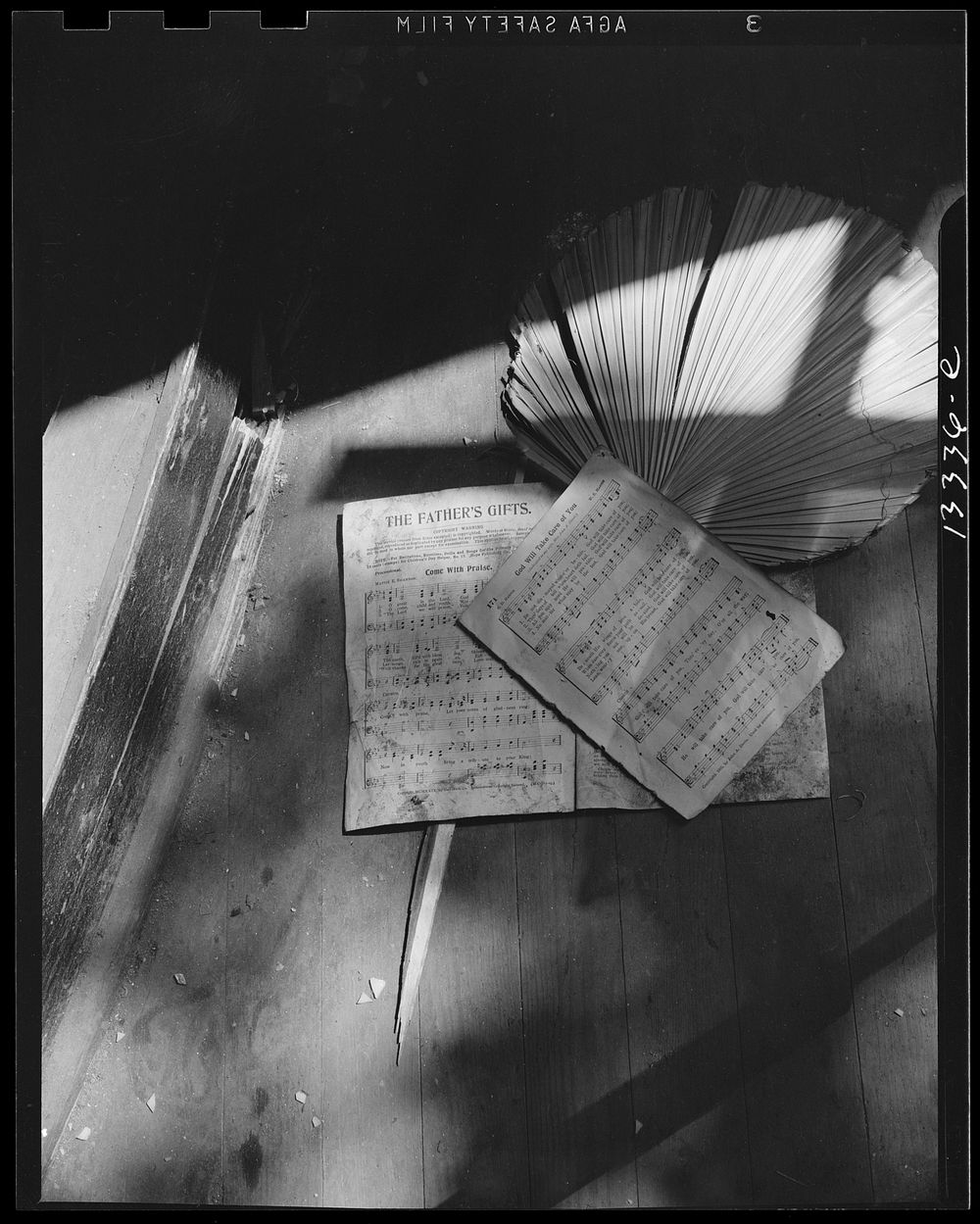 Washington, D.C. Song sheets and a fan left behind in an abandoned church on Independence Avenue. Sourced from the Library…