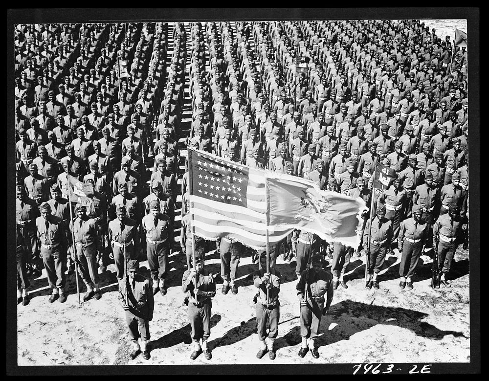 [Untitled photo, possibly related to: Fort Bragg, North Carolina. 41st Engineers on parade with Sergeant Franklin Williams…