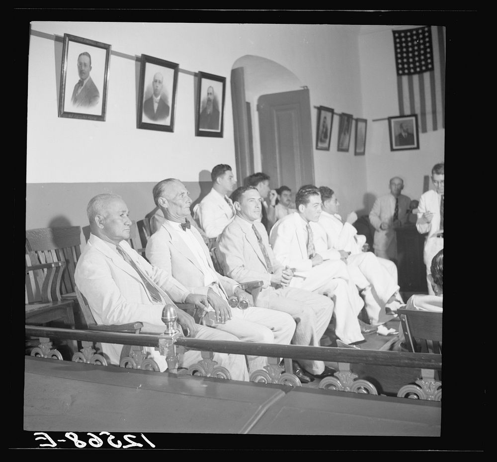 [Untitled photo, possibly related to: The jury during the trial of Nationalists. Note three empty chairs. Ponce, Puerto…