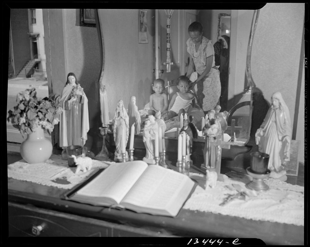 [Untitled photo, possibly related to: Washington, D.C. Religious objects and an improved altar in the bedroom of Mrs.…