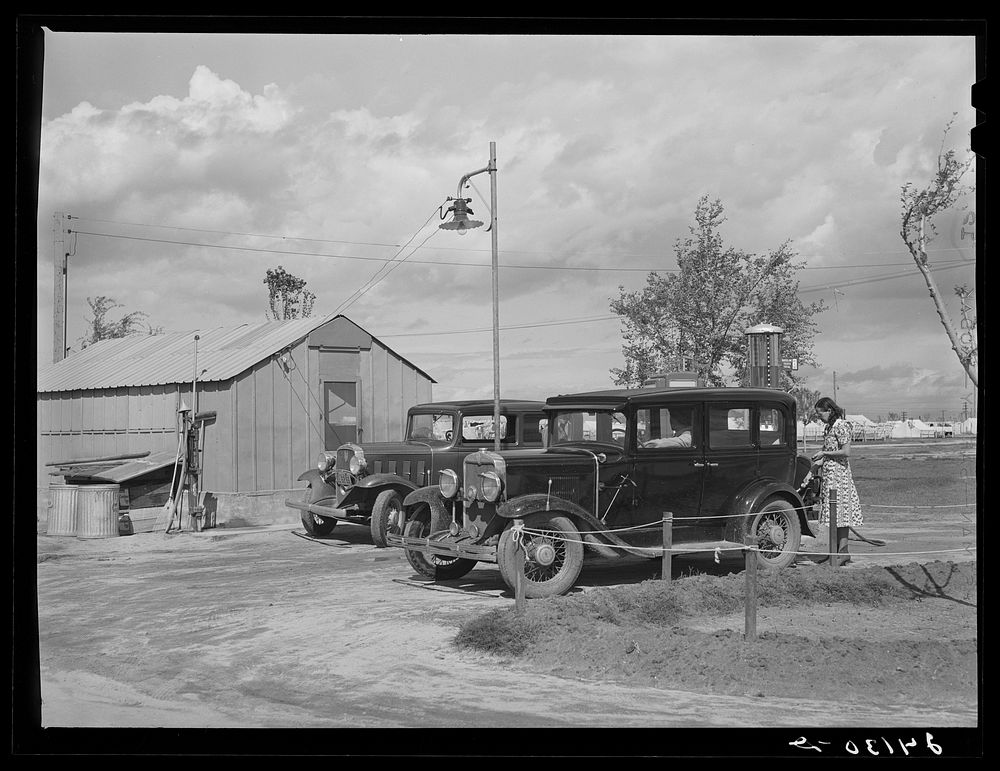 Cooperative gas station. Shafter migrant camp. Shafter, California. Sourced from the Library of Congress.