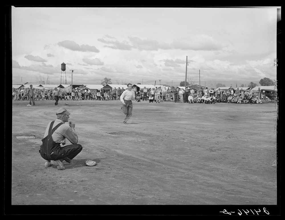 [Untitled photo, possibly related to: Baseball game. Tulare migrant camp. Visalia, California]. Sourced from the Library of…