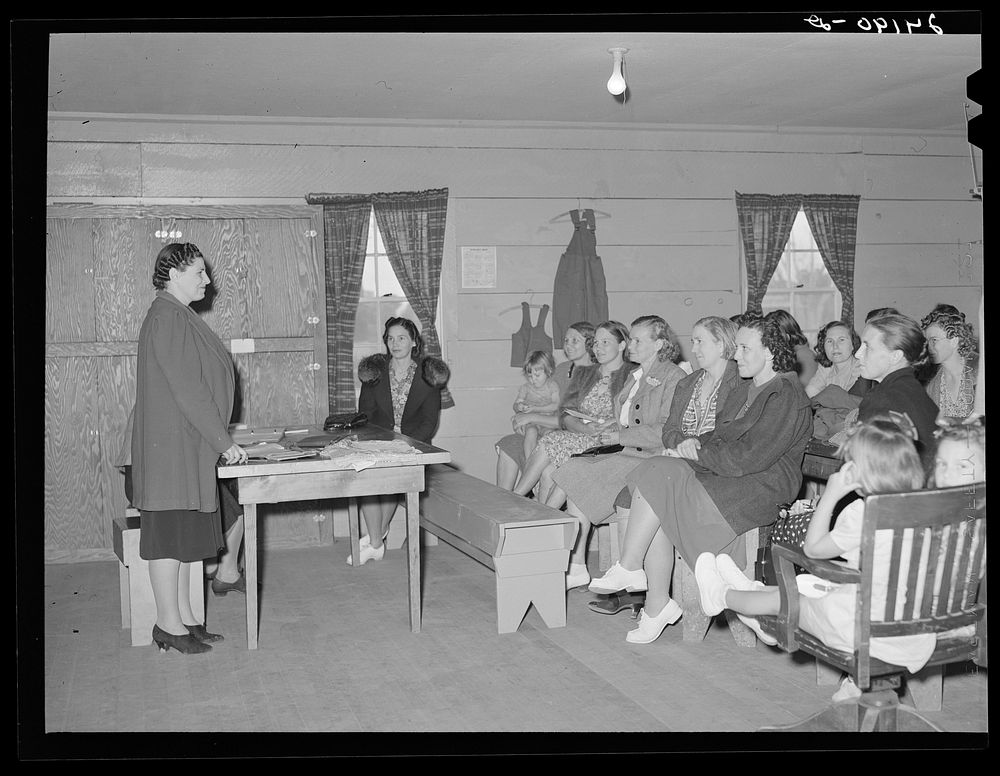 Presidents of ladies club addressing members. Tulare migrant camp. Visalia, California. Sourced from the Library of Congress.