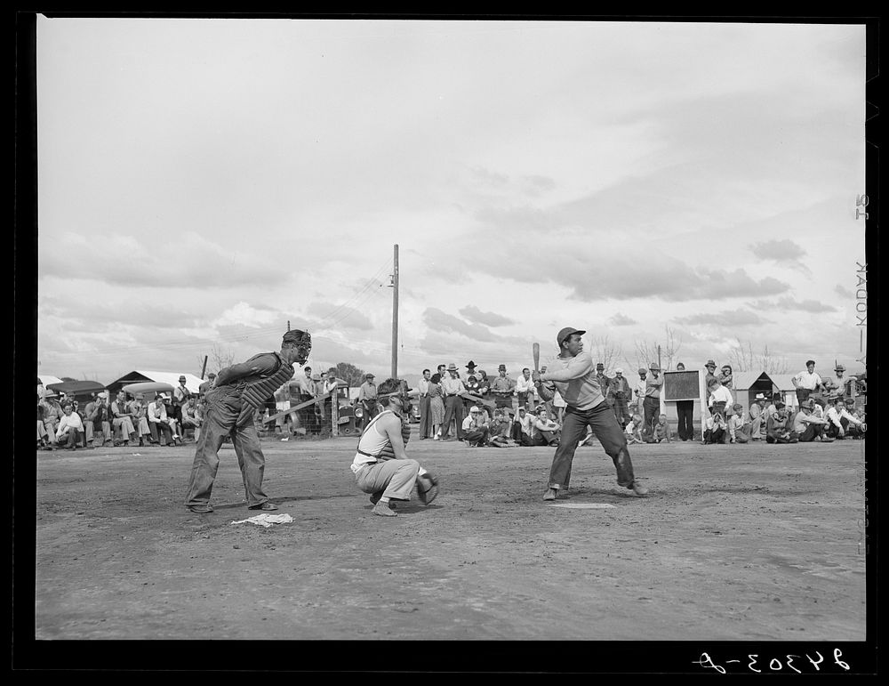 [Untitled photo, possibly related to: Baseball game. Tulare migrant camp. Visalia, California]. Sourced from the Library of…