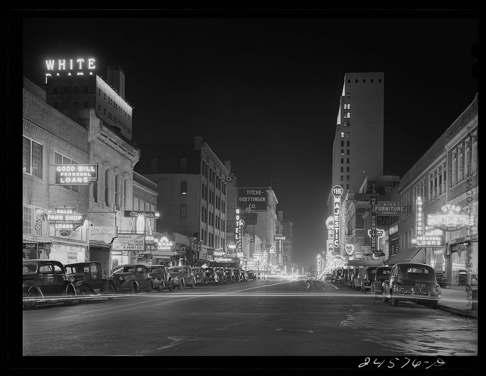 Night view, downtown section. Dallas, Texas. Sourced from the Library of Congress.