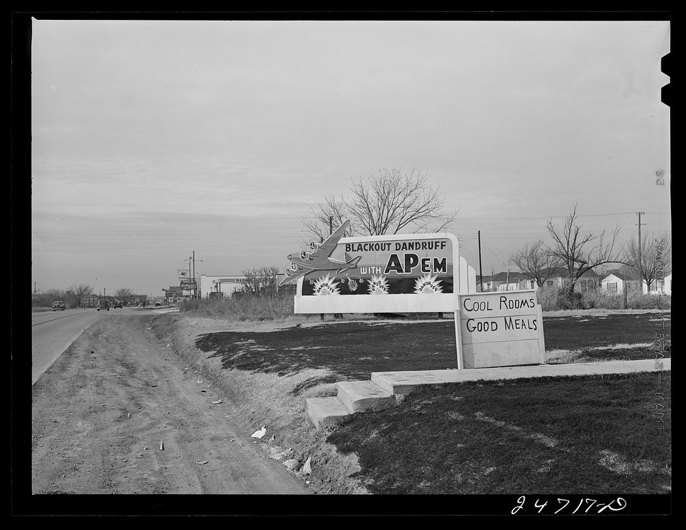 U.S. Highway 80, Texas, between Dallas and Fort Worth. Roadside sign. Sourced from the Library of Congress.