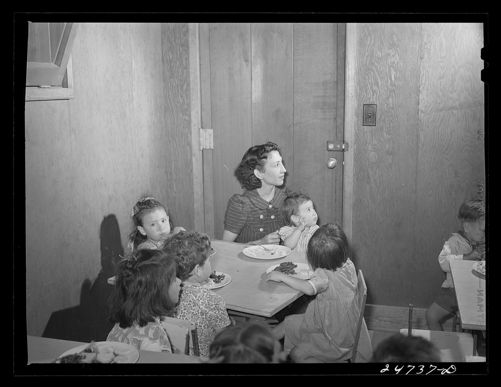 Robstown, Texas. FSA (Farm Security Administration) migratory workers' camp. Youngest group having lunch at nursery school.…
