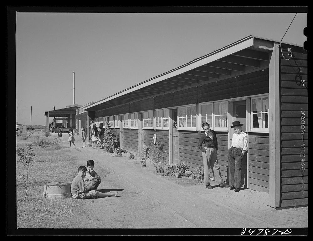 Gardens are planted in front of row shelters. FSA (Farm Security Administration) camp, Robstown, Texas. Sourced from the…