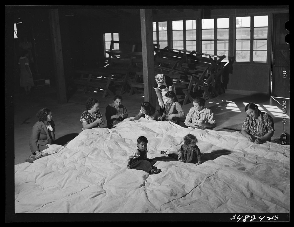 Women's committee at work on mat for athletics. FSA (Farm Security Administration) camp, Robstown, Texas. Sourced from the…