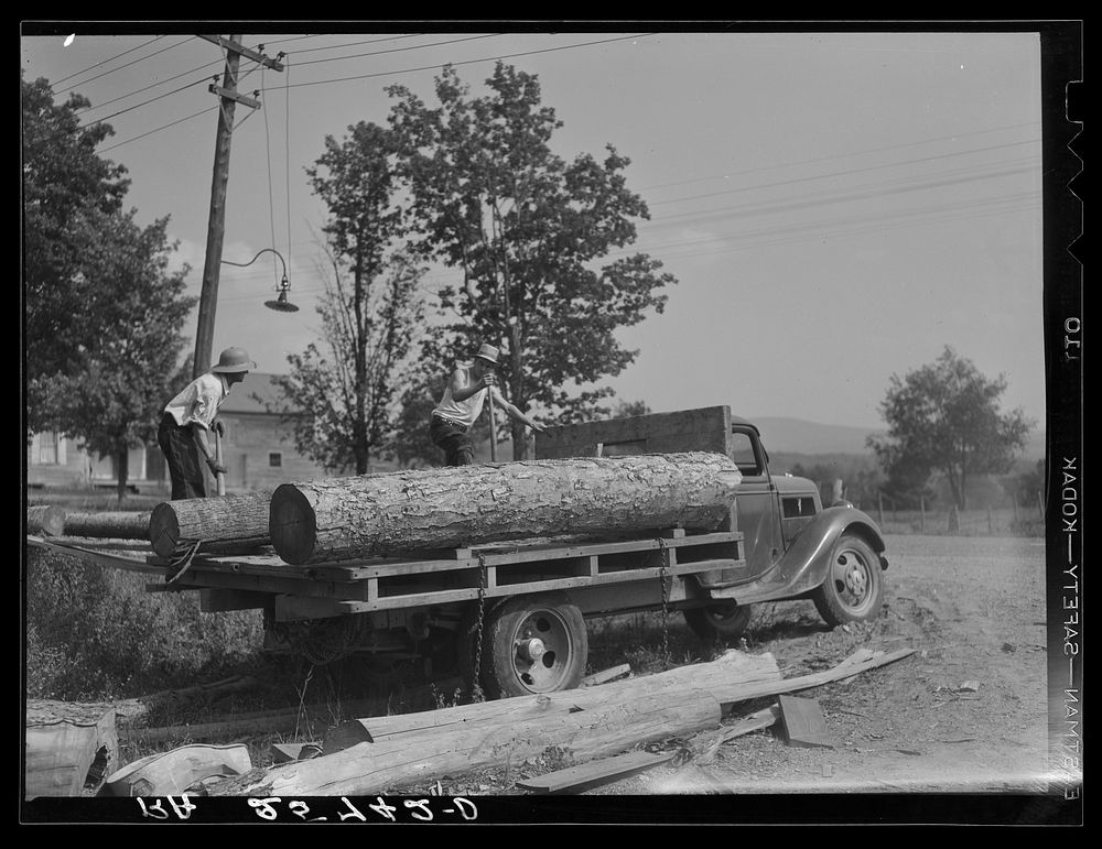 Loading lumber. Lamoille County, Vermont. Sourced from the Library of Congress.