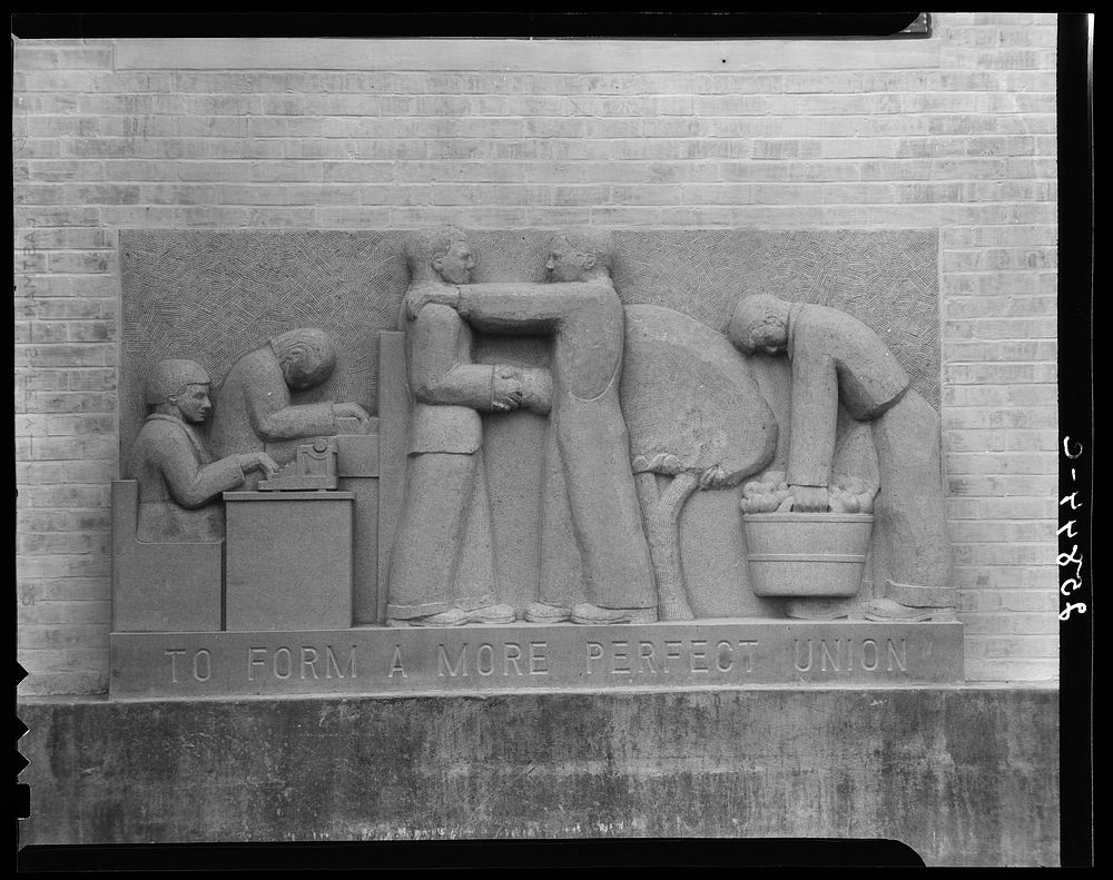 Bas-reliefs on Greenbelt school. Maryland. Sourced from the Library of Congress.