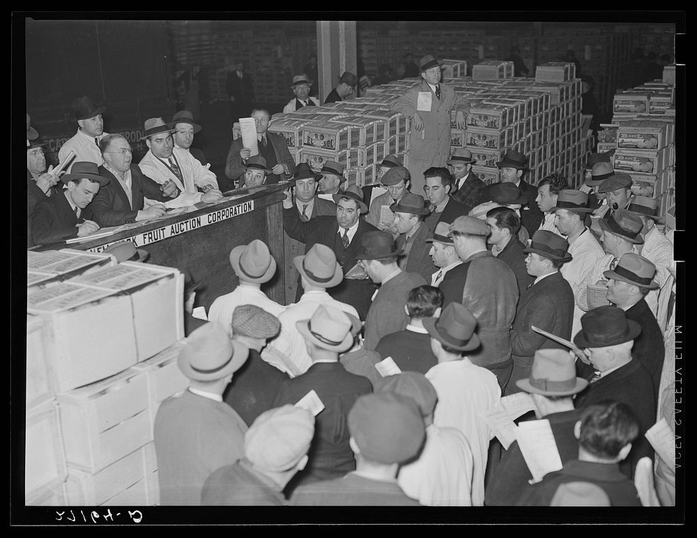 Auction at produce market. Pier 29, New York City. Sourced from the Library of Congress.