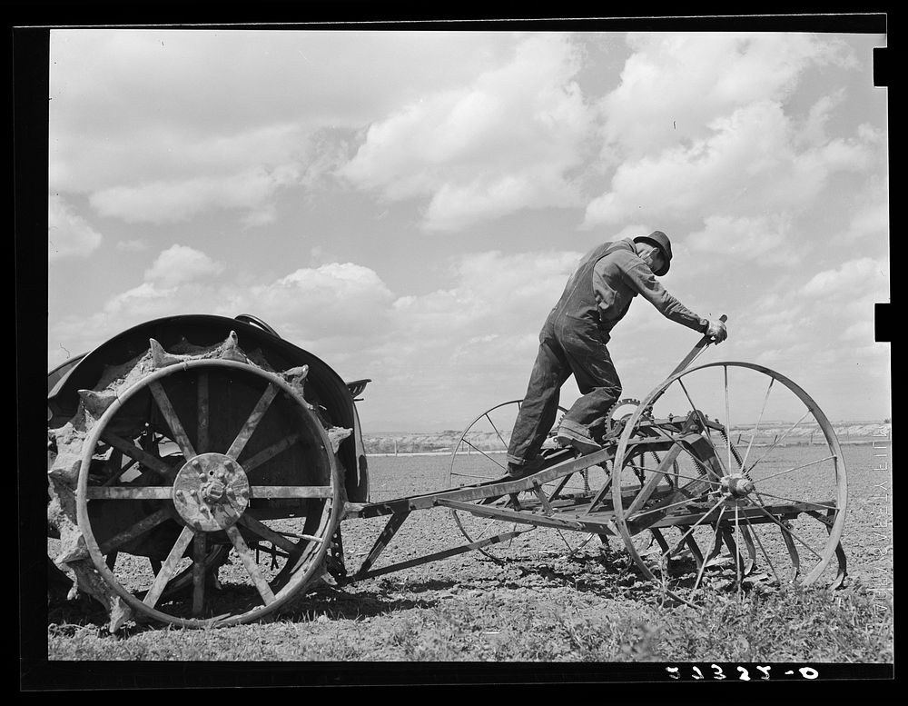 [Untitled photo, possibly related to: Farmer adjusting cultivator. Fairfield Bench Farms, Montana]. Sourced from the Library…
