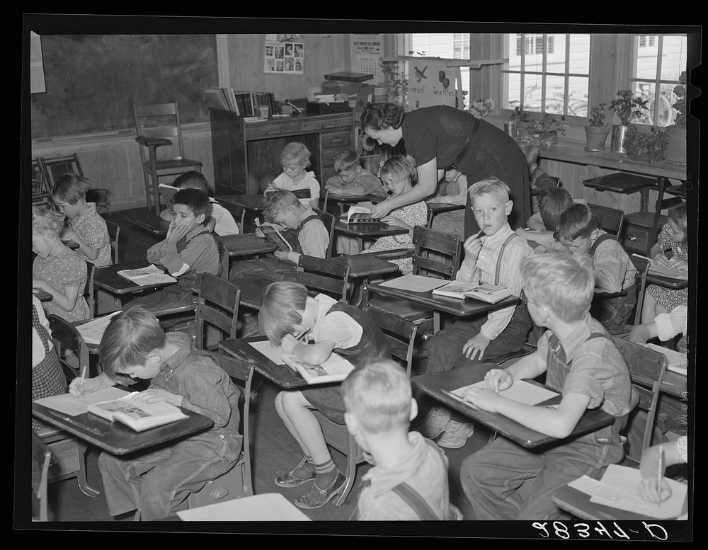 [Untitled photo, possibly related to: Scene in school room in community building. San Luis Valley Farms, Colorado]. Sourced…