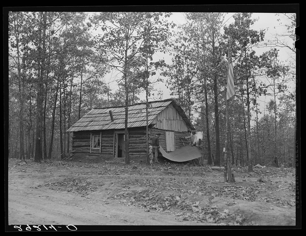 Evicted sharecroppers building a cabin. Butler County, Missouri. Sourced from the Library of Congress.