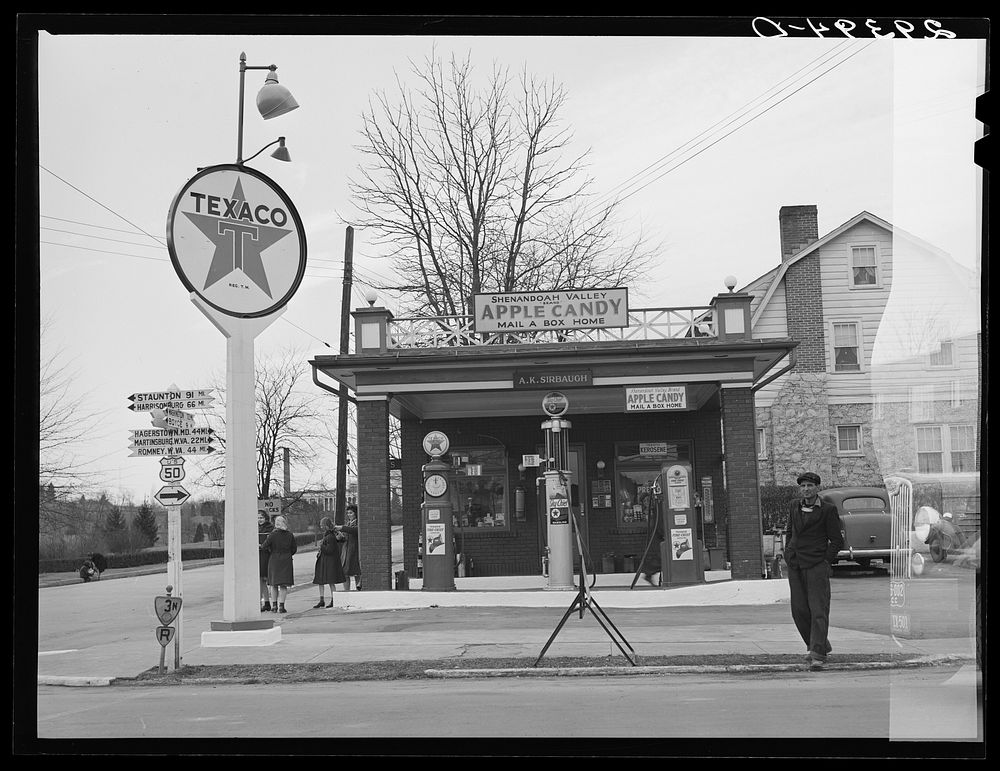 [Untitled photo, possibly related to: Gas station along Highway U.S. 50. Winchester, Virginia]. Sourced from the Library of…