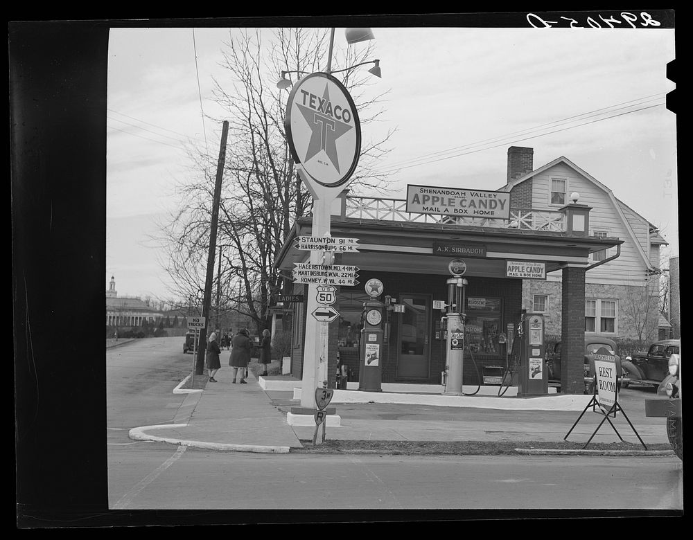 Gas station along Highway U.S. 50. Winchester, Virginia. Sourced from the Library of Congress.