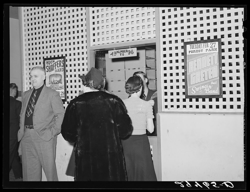 [Untitled photo, possibly related to: Check room at dance hall. Marshalltown, Iowa]. Sourced from the Library of Congress.