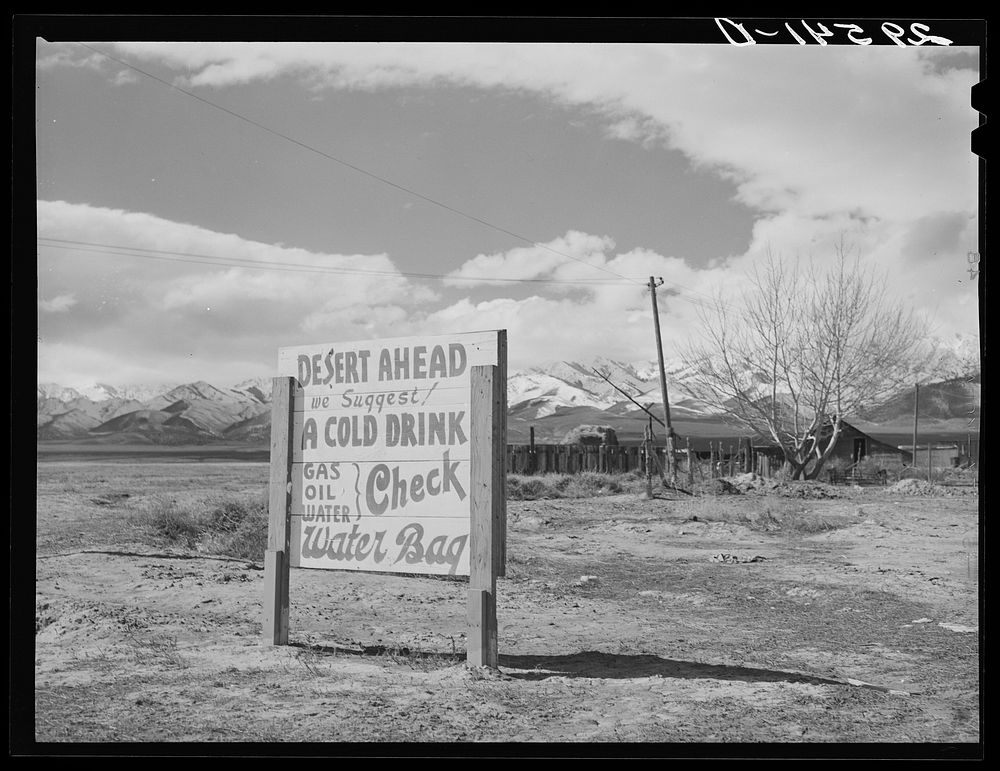 Sign on road leading to Great Salt Lake Desert. Utah. Sourced from the Library of Congress.