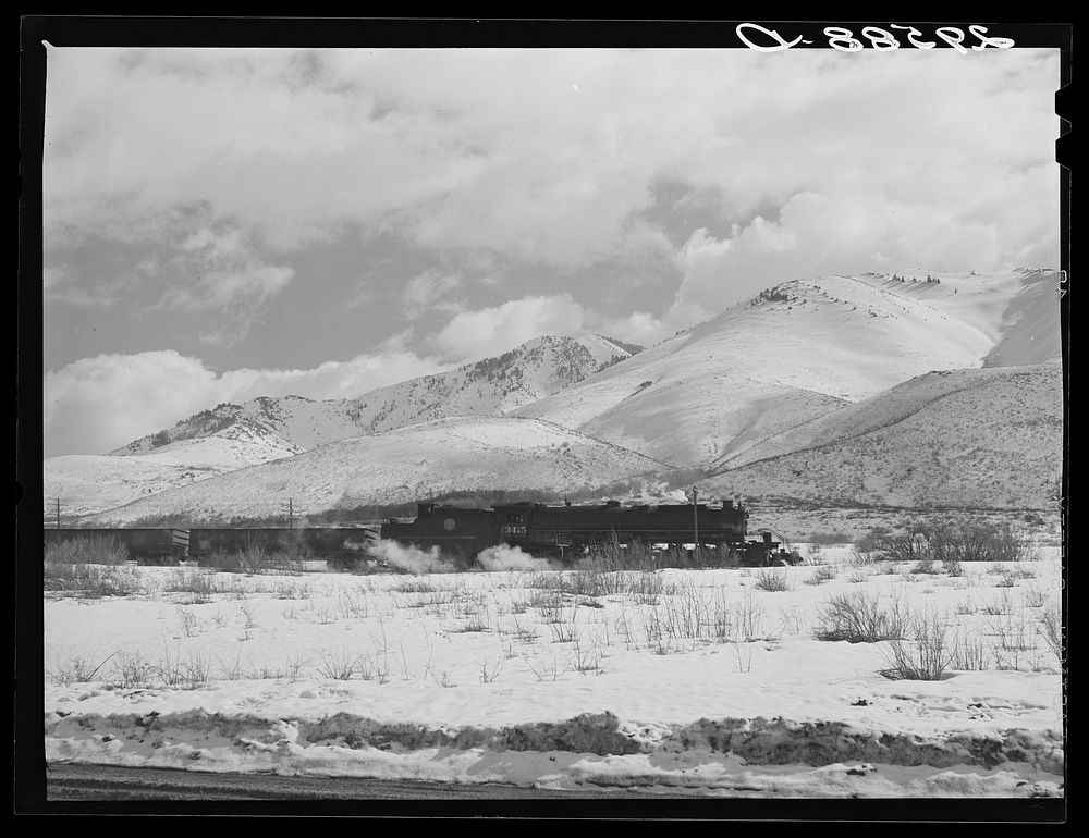 Train crossing the mountains. Eureka County, Nevada. Sourced from the Library of Congress.