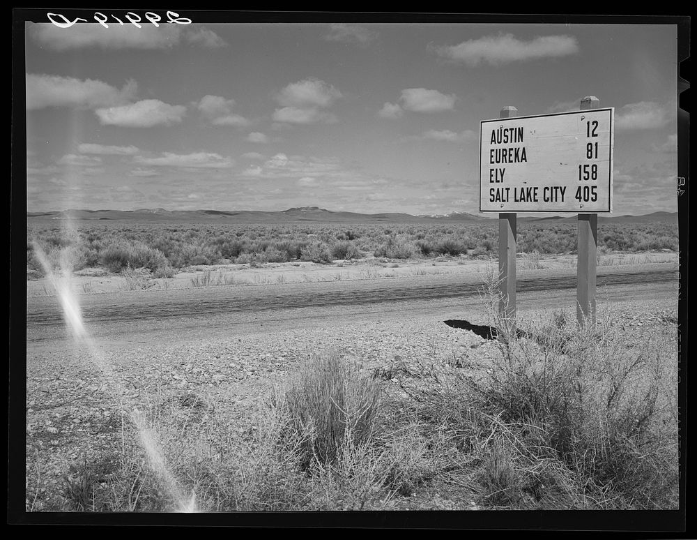 [Untitled photo, possibly related to: Road through desert. Lander County, Nevada]. Sourced from the Library of Congress.