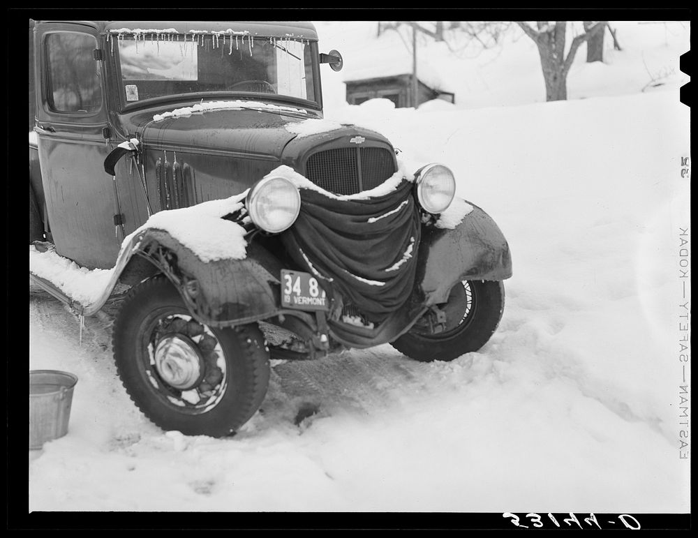 Many farmers blanket their cars and let water out of radiators to prevent freezing in winter. Woodstock, Vermont. Sourced…