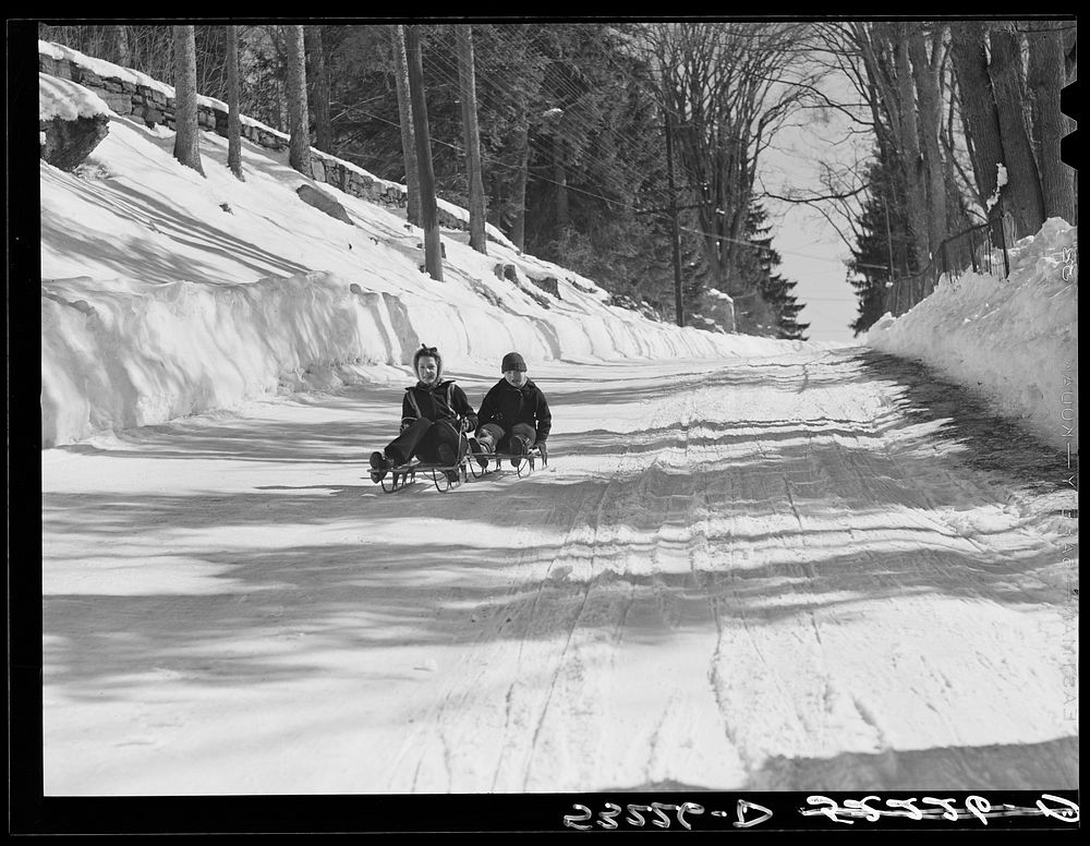 Sleighriding in street of Woodstock, Vermont. Sourced from the Library of Congress.