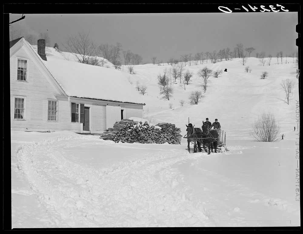 Clinton Gilbert, farmer, and his helper hauling wood in sled. Woodstock, Vermont. Sourced from the Library of Congress.