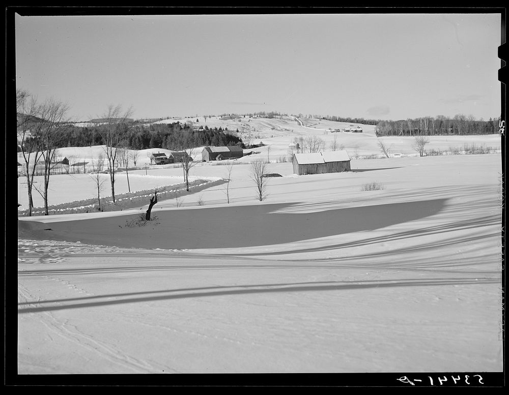Country road and farms near Stowe, Vermont. Snowscene. Sourced from the Library of Congress.