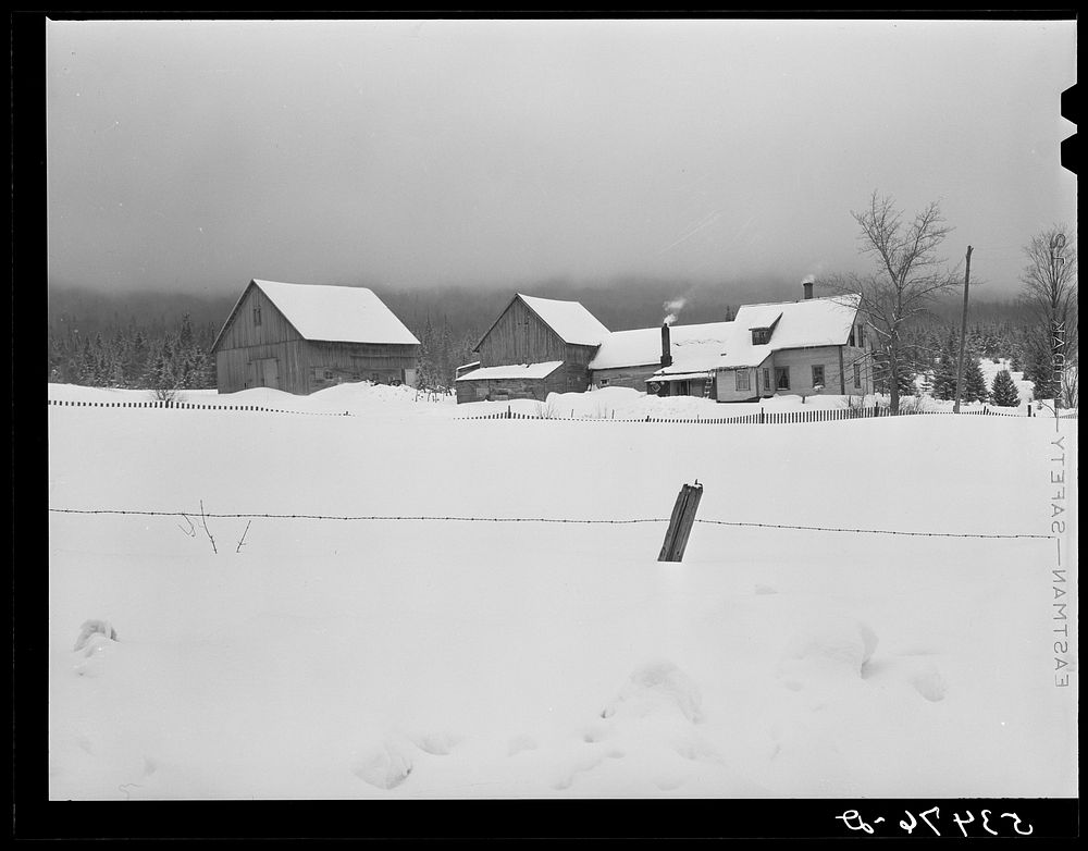 Farm in early morning with overhanging cloud covering mountain near North Conway, New Hampshire. Sourced from the Library of…