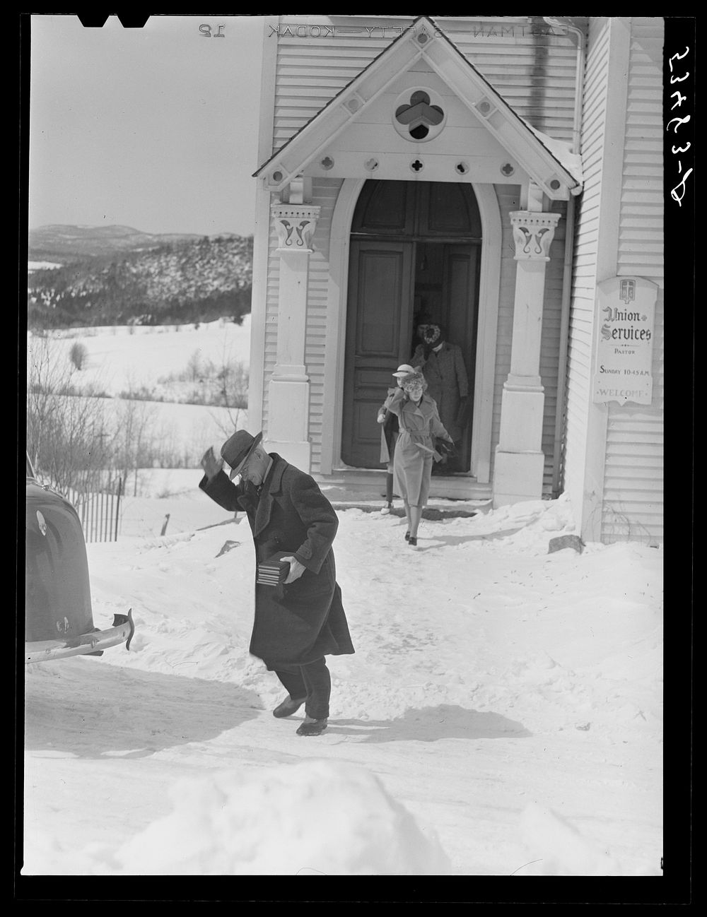 People leaving church after Easter Sunday Service. Sugar Hill, near Franconia, New Hampshire. Sourced from the Library of…