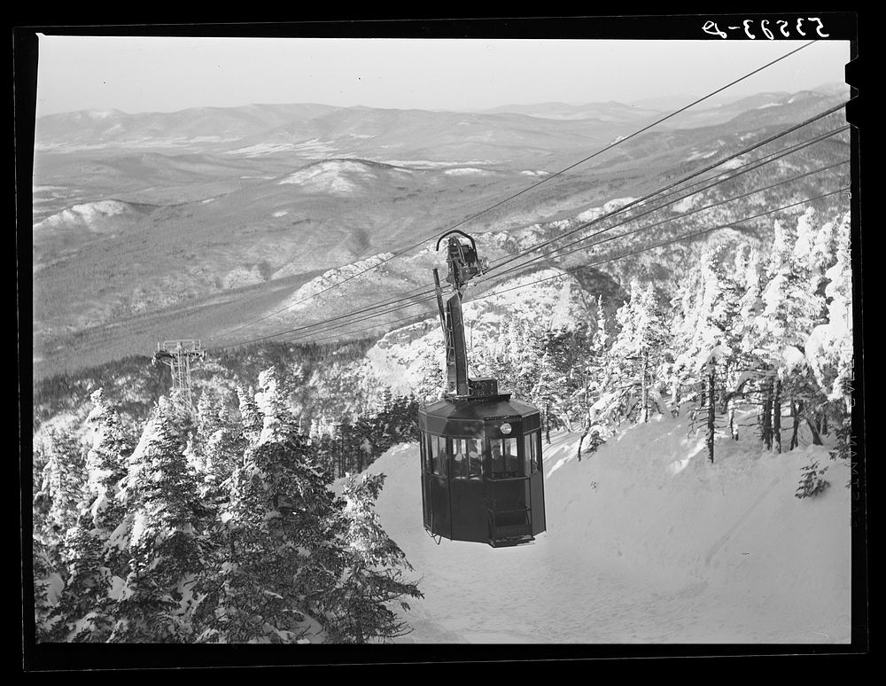 Cable car carrying skiers up Cannon Mountain. Franconia Notch, New Hampshire. Sourced from the Library of Congress.