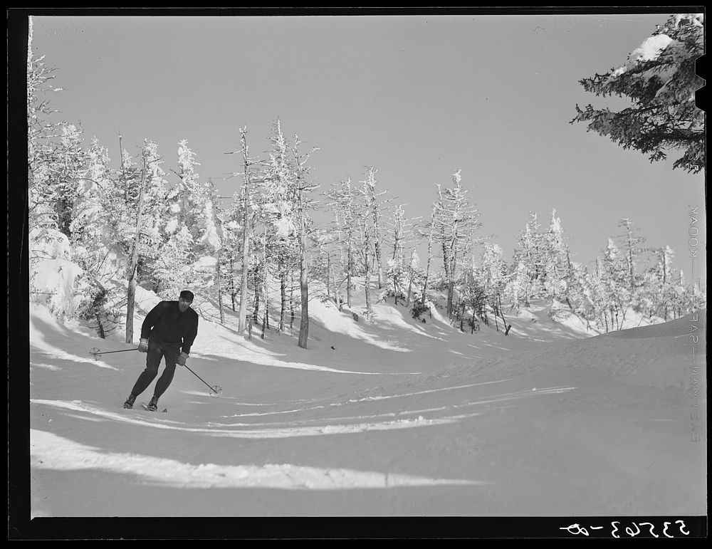 Skier on top of Cannon Mountain. Franconia Notch, New Hampshire. Sourced from the Library of Congress.