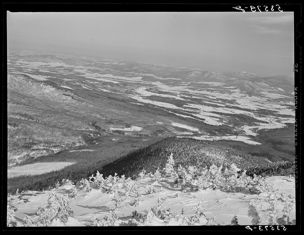 Looking northeast from the top of Mount Mansfield. Smugglers Notch near Stowe, Vermont. Sourced from the Library of Congress.