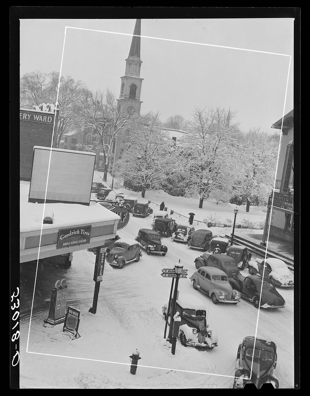 Corner of main street, center of town after blizzard, Brattleboro, Vermont. Sourced from the Library of Congress.