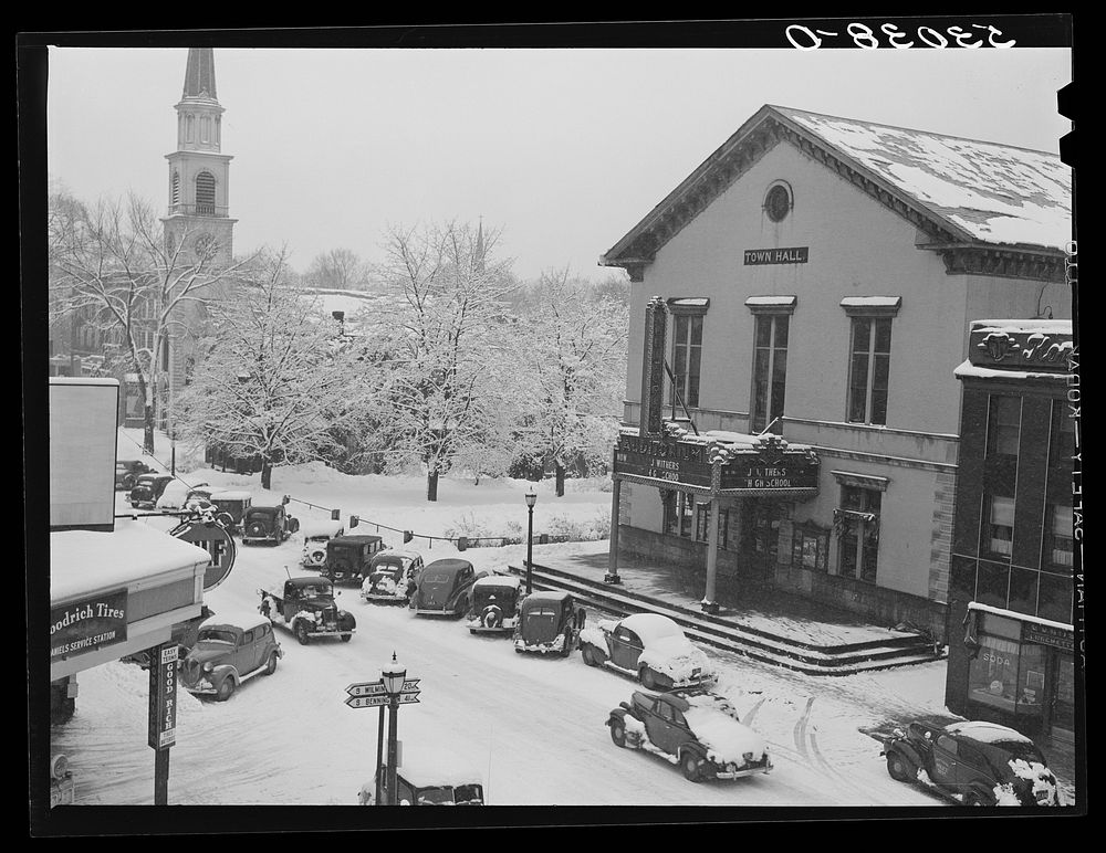 Corner of main street, center of town after blizzard. Brattleboro, Vermont. Sourced from the Library of Congress.