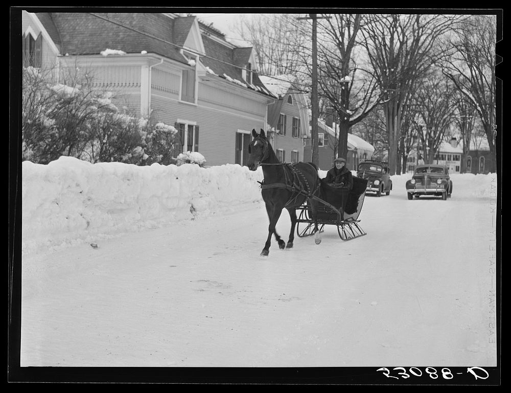 Going to town in a sleigh. Woodstock, Vermont. Sourced from the Library of Congress.