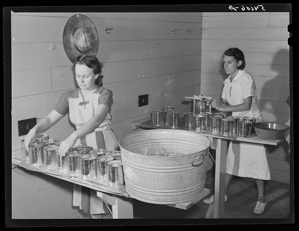 Camp members canning tomatoes in the utility building at Osceola migratory labor camp. Belle Glade, Florida. Sourced from…