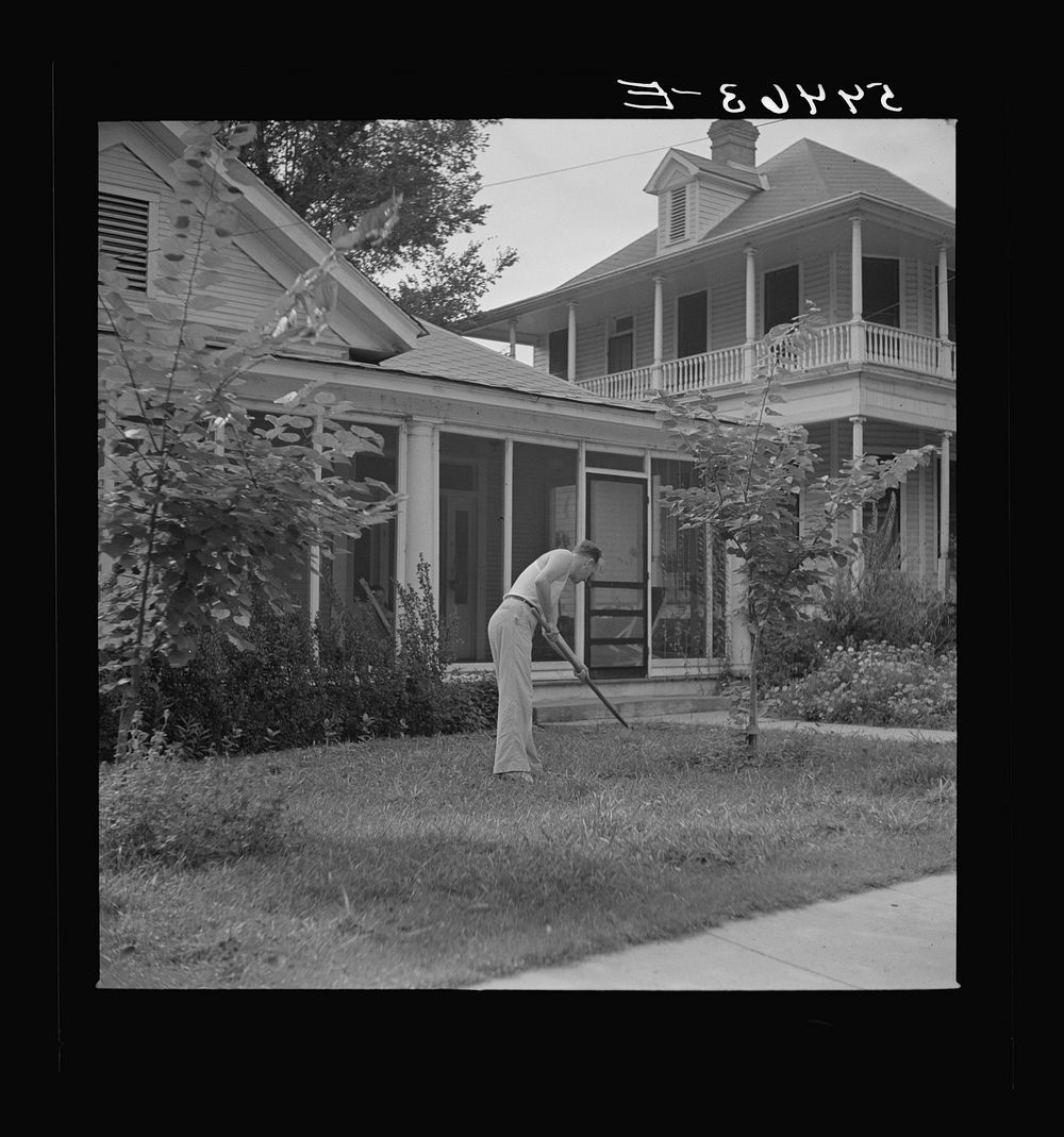 Man in front of his home weeding his lawn on Sunday. Natchitoches, Louisiana. Sourced from the Library of Congress.