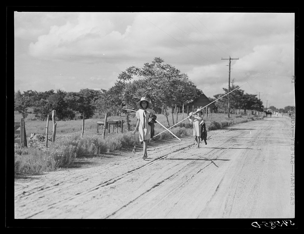 Melrose, Natchitoches Parish, Louisiana. Children of mulatto family returning home after an afternoon's fishing in Cane…