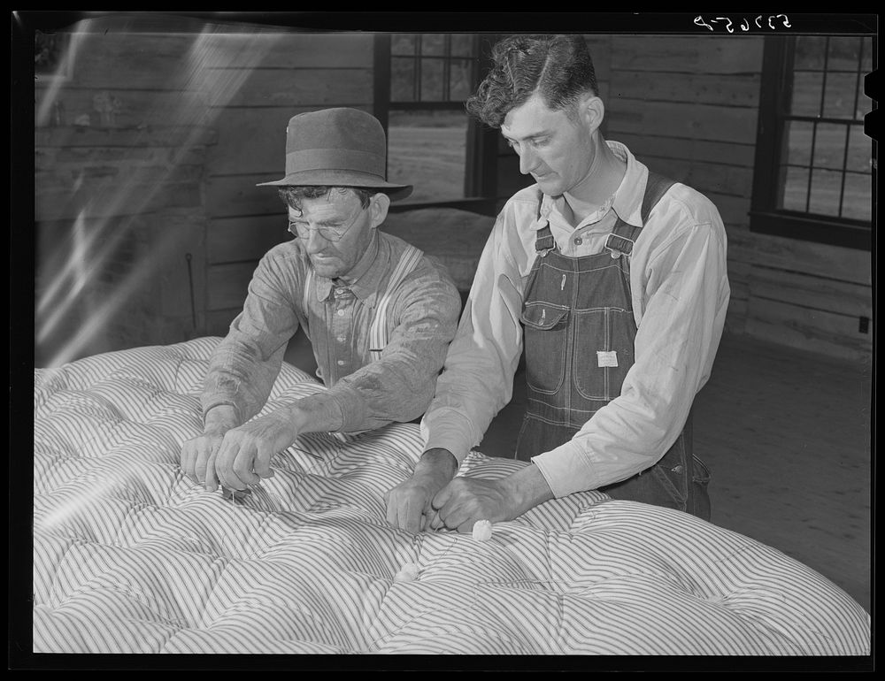 Farmers working in mattress-making unit. Community service center, Faulkner County, Centerville, Arkansas (see general…