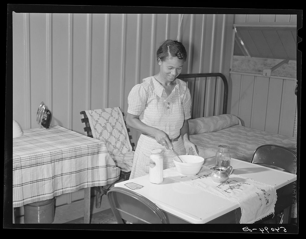 Interior of one of the shelters at Okeechobee migratory labor camp. Belle Glade, Florida. Sourced from the Library of…