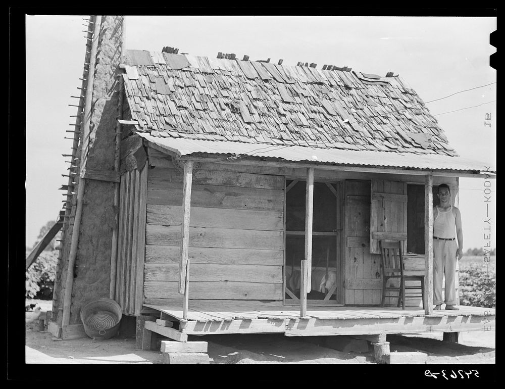 [Untitled photo, possibly related to: Melrose, Natchitoches Parish, Louisiana. Old tenant house with mud chimney and cotton…