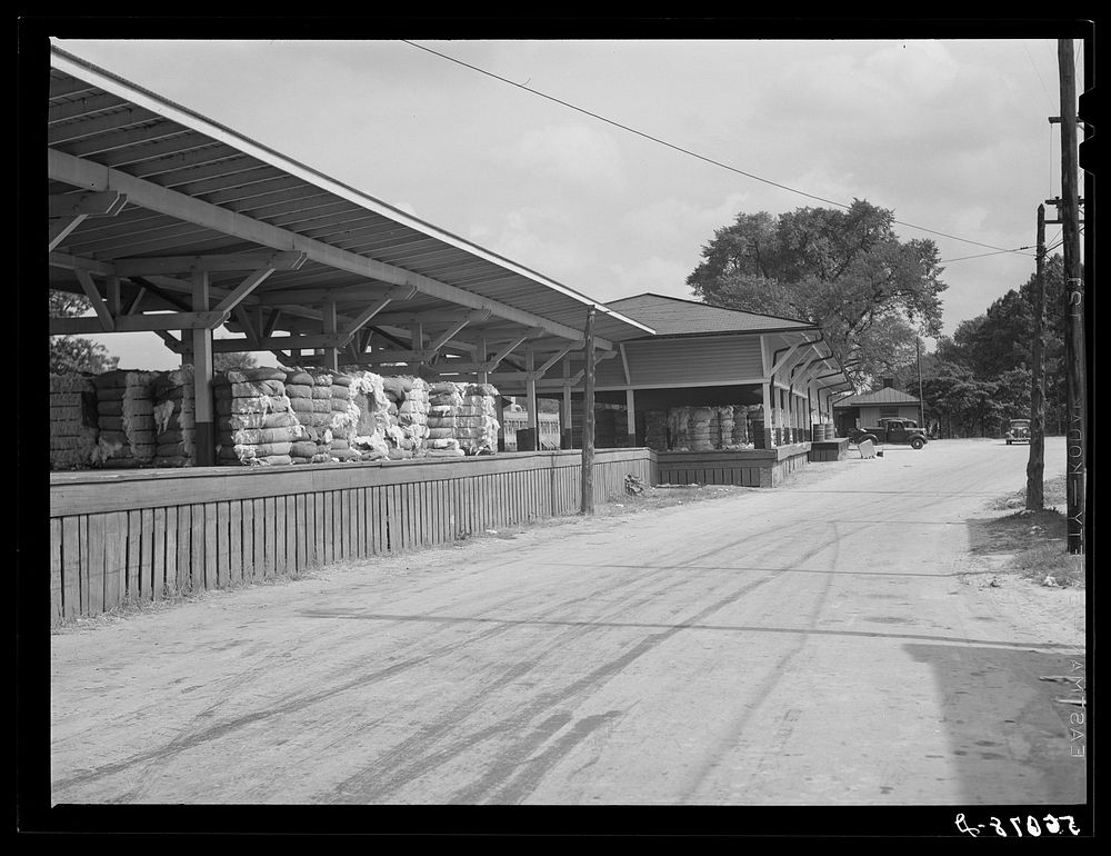 [Untitled photo, possibly related to: Railway station with bales of cotton on platform. Mebane, North Carolina]. Sourced…