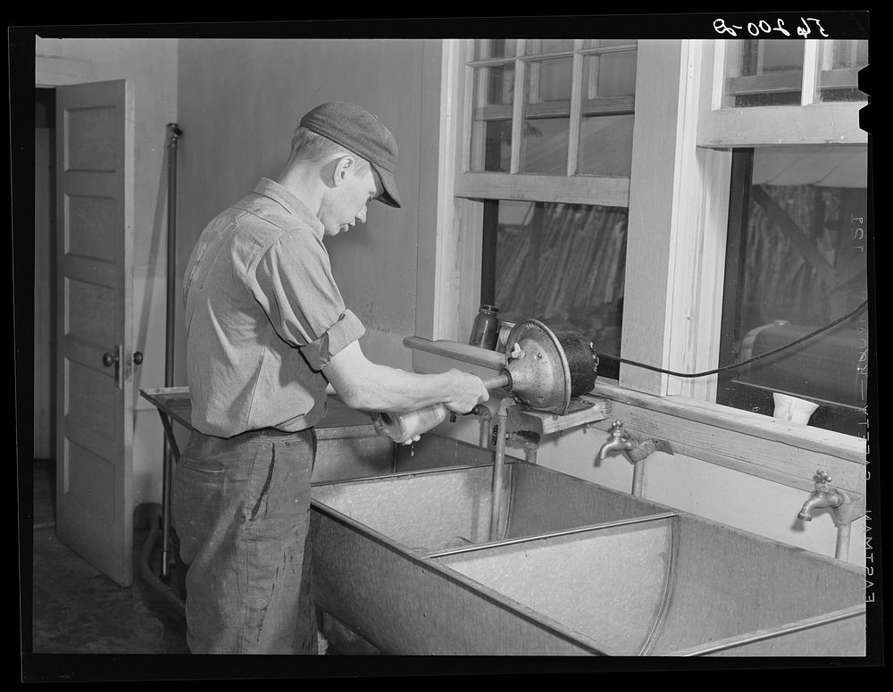 [Untitled photo, possibly related to: E. O. Foster's son (tenant purchase family) washing milk bottles in their Caswell…