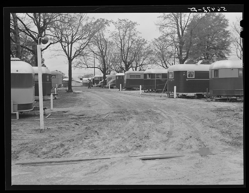 Trailer camp where construction workers and Army men are living. Camp Livingstone, near Alexandria, Louisiana. Sourced from…