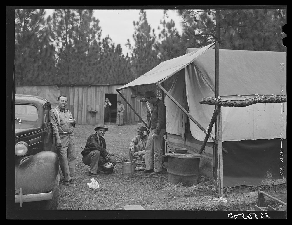 [Untitled photo, possibly related to: Camp Livingston construction worker cooking outdoors in front of shacks which they…